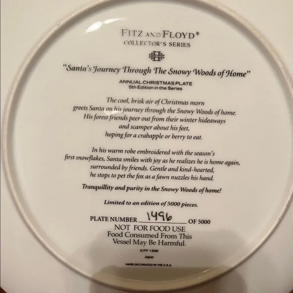 Fitz and Floyd Vintage, Santa with Animals Plate, 1996 - Picture 2 of 8